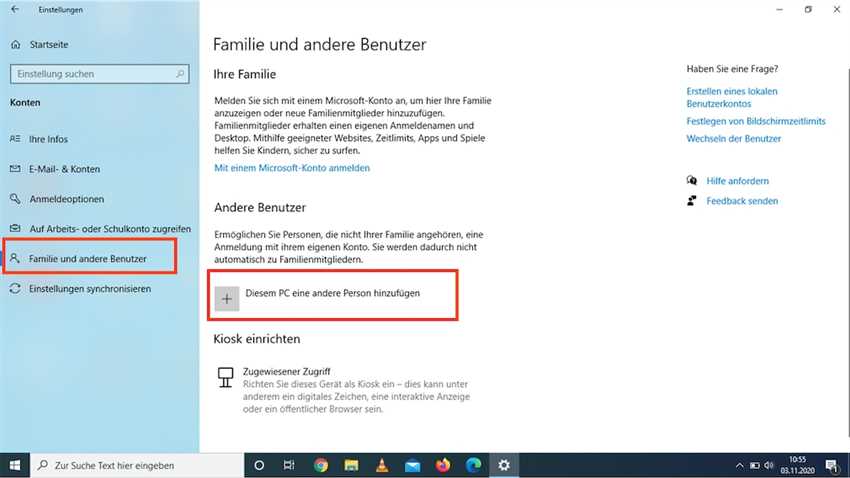 Neue Benutzer bei Windows 10 anlegen